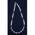 Beaded Pearl Neclace with blue and red stones