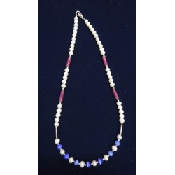 Beaded Pearl Neclace with blue and red stones